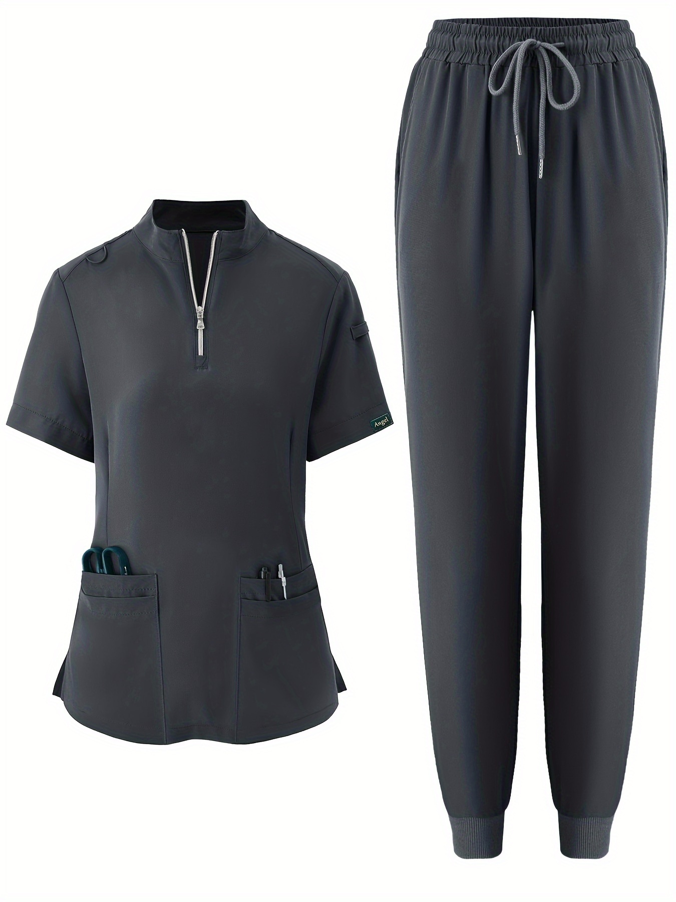 99be047e-811c-4657-b63c-8cc5a39f26f8-1.jpg Solid Color Two-piece Scrub Set, Zip Front Short Sleeve Pockets Scrub Top & Drawstring Pants Outfits For Medical & Health Care, Women's Clothing - Image 1