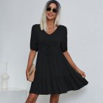 V Neck Drawstring Waist Solid Casual Mini Dress - Image 5