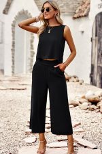 Solid Color Round Neck Two Pieces Set - Image 3