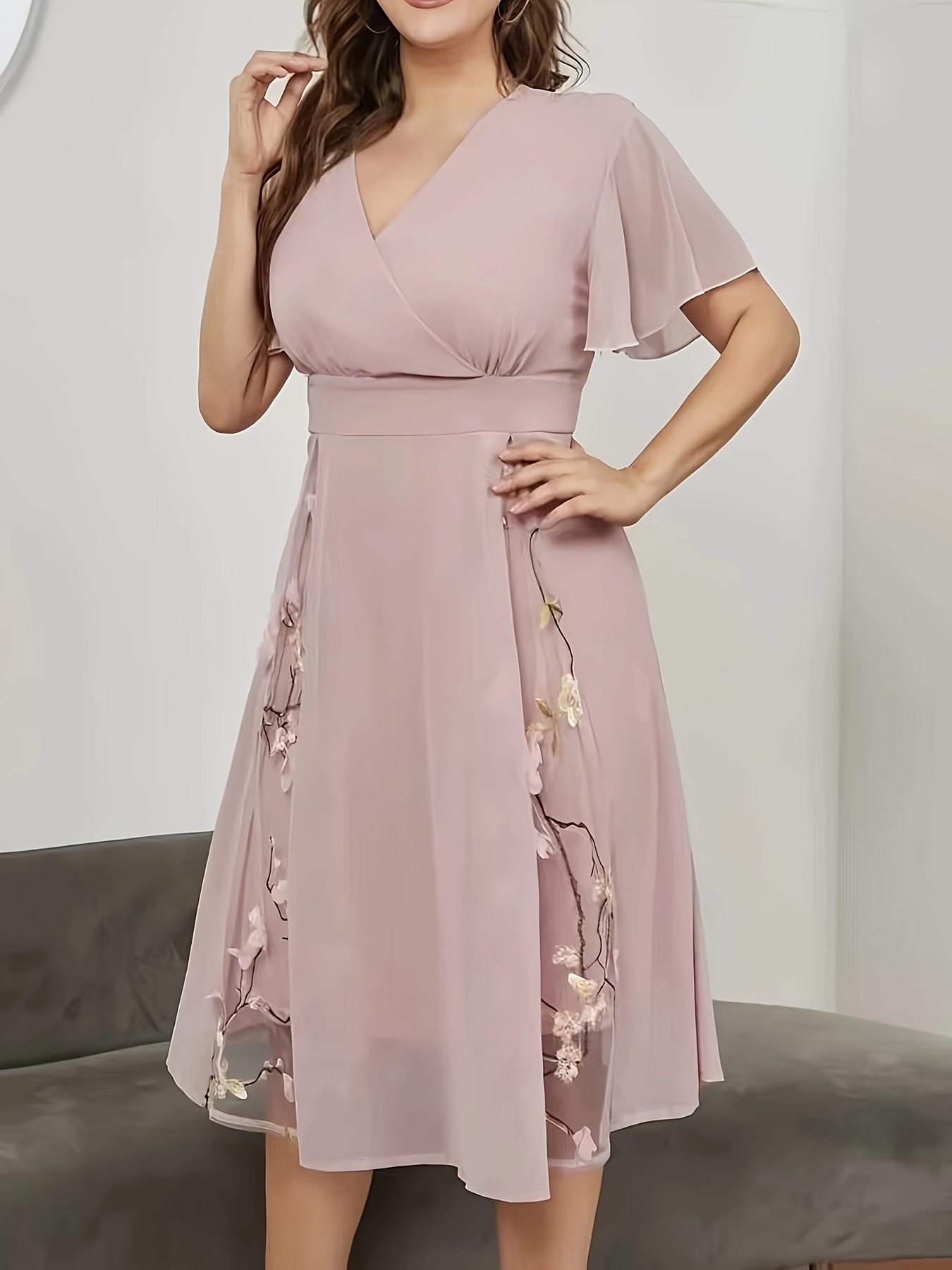 9a4aaf27eda9c52040e1a773bc9cd8c4.jpg Floral Pattern High Waist Dress, Elegant Surplice Neck Flutter Sleeve Dress, Women's Clothing For Elegant Dressing - Image 1