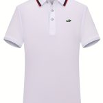 Breathable Embroidered Shirt, Men's Casual Crocodile Pattern Stripe Lapel Button Up Golf Shirt For Summer - Image 3