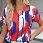 Color Block Graphic Print Blouse, Notched Neck Casual Short Sleeve Blouse, Women's Clothing - Image 5