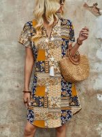 Patchwork Print Curvy Hem Dress, Vacation Short Sleeve Notched Neck Dress, Women's Clothing - Image 5