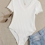 Solid V Neck Rib Knit Bodysuit, Casual Short Sleeve Basic Bodysuit, Women's Clothing