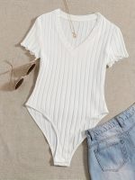 Solid V Neck Rib Knit Bodysuit, Casual Short Sleeve Basic Bodysuit, Women's Clothing