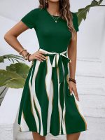Striped Crew Neck Dress, Elegant Short Sleeve Belted A-line Dress For Spring & Summer, Women's Clothing - Image 9