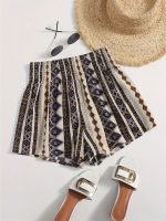 Geo Print Shirred Waist Shorts, Vacation Loose Beach Shorts For Spring & Summer, Women's Clothing