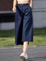 High Waist Pocket Cropped Pants, Vintage Wide Leg Pants For Spring & Summer, Women's Clothing