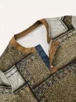 Men's 3D Digital Denim Patchwork Pieces Pattern Print T-shirt With Buttoned Henley Neck And Short Sleeve, Casual And Chic Tops For Summer Outdoors Wear - Image 7