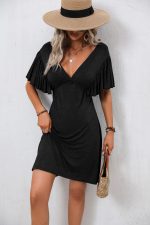 Solid Black Ruffle Sleeve V Neck Casual Mini Dress - Image 5