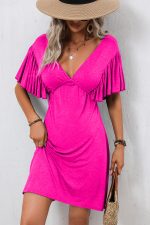 DeepPink Ruffle Sleeve Solid V Neck Casual Mini Dress - Image 6