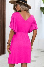 DeepPink Ruffle Sleeve Solid V Neck Casual Mini Dress - Image 5