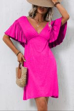DeepPink Ruffle Sleeve Solid V Neck Casual Mini Dress - Image 4