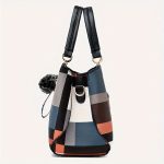 Colorblock Handbag For Women, Plaid Pattern Shoulder Bag, Casual Crossbody Purse With Pompom Charms - Image 8