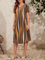 Stripe Print Short Sleeve Dress, Casual Notch Neck Loose Dress For Spring & Summer, Women's Clothing - Image 9