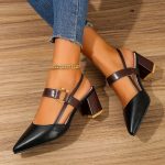 Women's Pointed Toe Block High Heel Sandals, Fashion Solid Color Slingback Shoes, Versatile Mid Heels - Image 6