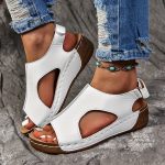 Women's Solid Color Wedge Heeled Sandals, Casual Open Toe Platform Shoes, Comfortable Ankle Strap Sandals - Image 6