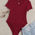 Solid V Neck Rib Knit Bodysuit, Casual Short Sleeve Basic Bodysuit, Women's Clothing - Image 3