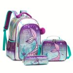 Mermaid Tail Backpack Set, School Bag With Lunch Box And Pencil Case, Cute Sequin Shoulder Bag, Insulated Lunch Tote, Sparkly Pink Leather Backpack Combo - Image 3
