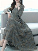 Floral Pattern Midi Dress, Vintage V Neck Long Sleeve Dress, Women's Clothing - Image 3