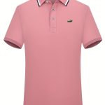 Breathable Embroidered Shirt, Men's Casual Crocodile Pattern Stripe Lapel Button Up Golf Shirt For Summer - Image 4