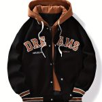 Men's Casual Hooded Varsity Jacket, Street Style Letter Print Jacket For School