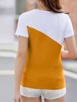Color Block Notched Neck T-Shirt, Chic Short Sleeve T-Shirt For Spring & Summer, Women's Clothing - Image 5