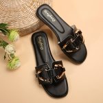 Women's Metallic Buckle Decor Slides, Fashionable Square Open Toe Summer Shoes, Casual Beach Flat Slides - Image 10