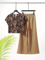 Elegant Two Piece Set, Floral Print Crew Neck Top & Elastic Waist Pocket Wide Leg Pants Outfits For Spring & Summer, Women's Clothing - Image 3