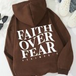 Inspirational Quote Hoodie, "Faith Over Fear" Letter Print Hooded Sweatshirt, Casual Pullover, Long Sleeve, Kangaroo Pocket, Adjustable Drawstring, Fashion - Image 2