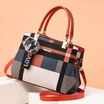 Colorblock Handbag For Women, Plaid Pattern Shoulder Bag, Casual Crossbody Purse With Pompom Charms - Image 2