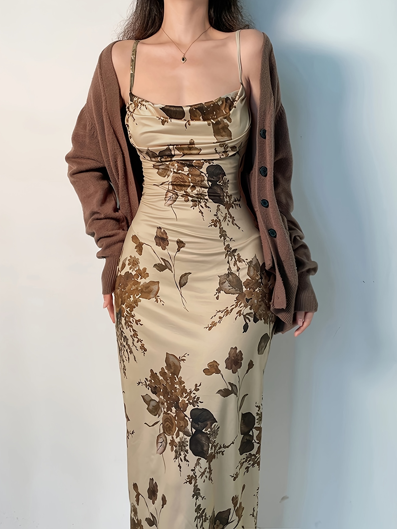 ae66654864c8c95f944b3888362ca5cd.jpg Floral Print Ruched Dress, Sexy Spaghetti Strap Bodycon Dress, Women's Clothing - Image 1
