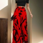 Elegant Two-piece Pantsuits Set, Solid Color Crew Neck T-shirt & Leaf Print Wide Leg Pants Outfits, Women's Clothing - Image 2