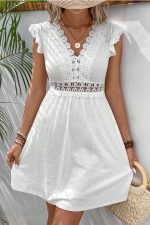 Solid Color Flutter Sleeve Hollow Waist Casual Dress