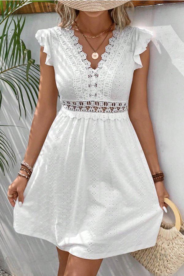 b1_03e493b6-2314-4104-8aa3-c0b14b66fdfd.jpg Solid Color Flutter Sleeve Hollow Waist Casual Dress - Image 1