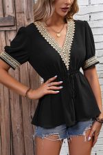 Solid Color Patchwork Tie Waist Causal Tops - Image 3