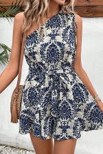 Fashion Printed One Shoulder Tie Waist Rompers