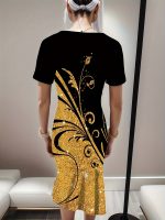 Graphic Print V-neck Dress, Elegant Ruffle Trim Bodycon Dress For Spring & Summer, Women's Clothing - Image 3