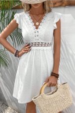 Solid Color Flutter Sleeve Hollow Waist Casual Dress - Image 3