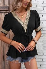 Solid Color Patchwork Tie Waist Causal Tops - Image 4