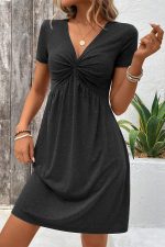 Solid Black Hook Design Short Sleeve Casual Dress - Image 2