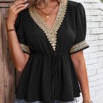Solid Color Patchwork Tie Waist Causal Tops
