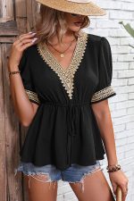 Solid Color Patchwork Tie Waist Causal Tops