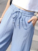 Minimalist Solid Drawstring Pants, Casual Long Length Elastic Waist Wide Leg Pants, Women's Clothing - Image 9