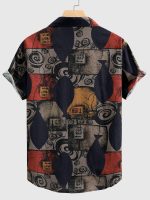 Men's Stylish Loose Cotton Blend Geometric Print Shirt, Casual Breathable Lapel Button Up Short Sleeve Shirt For Summer Outdoor Activities - Image 7