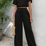 Solid Color Summer & Spring Casual Two-piece Set, Batwing Sleeve Crop Top & Tie Front Pants Outfits, Women's Clothing - Image 3