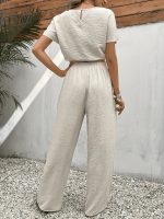 Solid Color Summer & Spring Casual Two-piece Set, Batwing Sleeve Crop Top & Tie Front Pants Outfits, Women's Clothing - Image 7