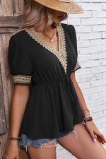 Solid Color Patchwork Tie Waist Causal Tops - Image 2