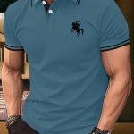 Men's Summer Fashion, Horse Riding Knight Pattern Short Sleeve Lapel Collar Henley Shirt, Chic And Trendy Golf Tops For Business And Outdoors Sports Wear - Image 2