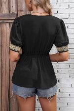 Solid Color Patchwork Tie Waist Causal Tops - Image 5